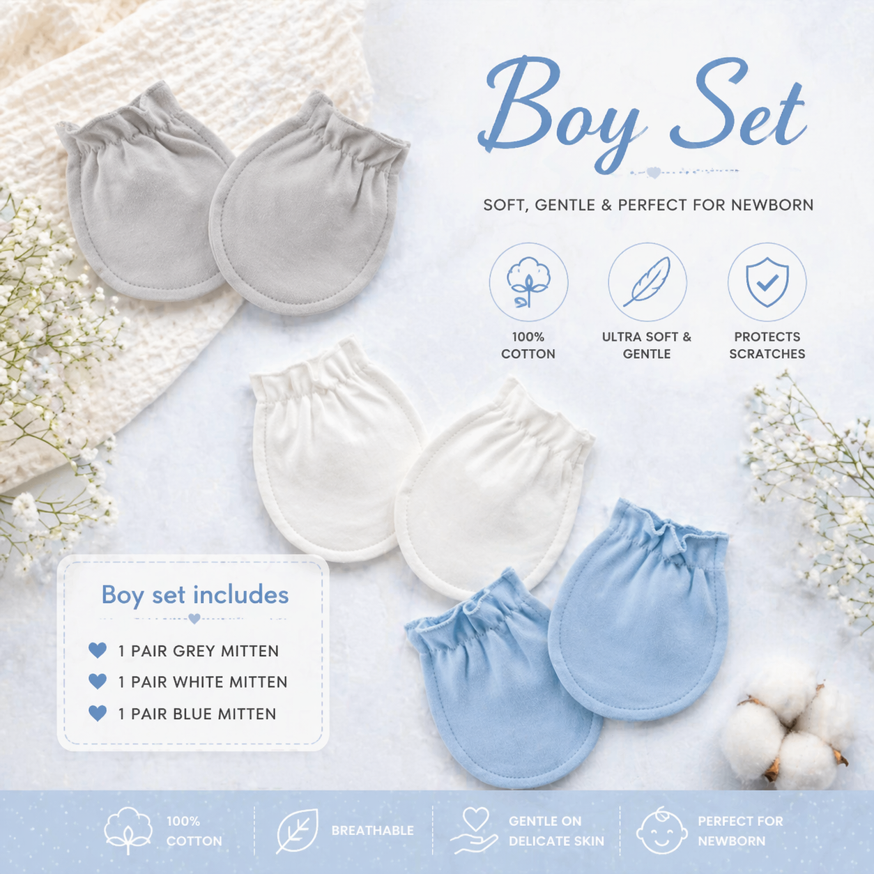 100% Cotton Baby Mittens – Soft Newborn Anti-Scratch Gloves