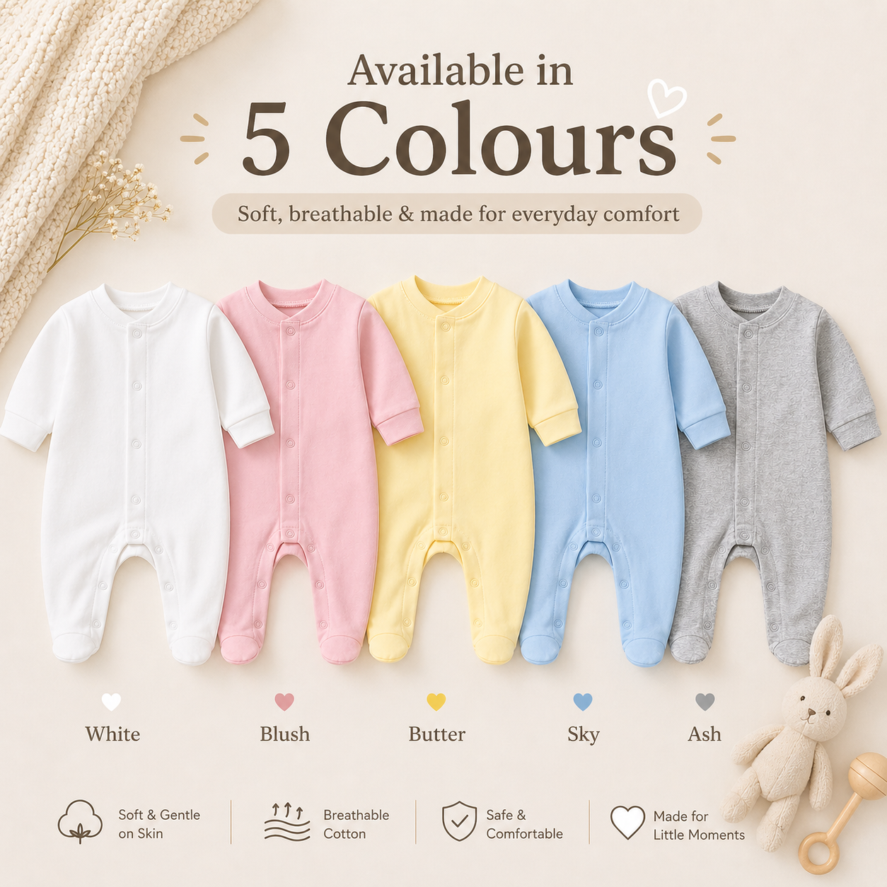 Everyday Comfort 100% Cotton Footed Baby Pyjamas Romper