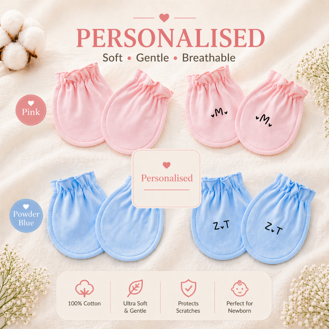 Personalised Baby Mittens 100% Cotton – Soft Newborn Anti-Scratch Gloves