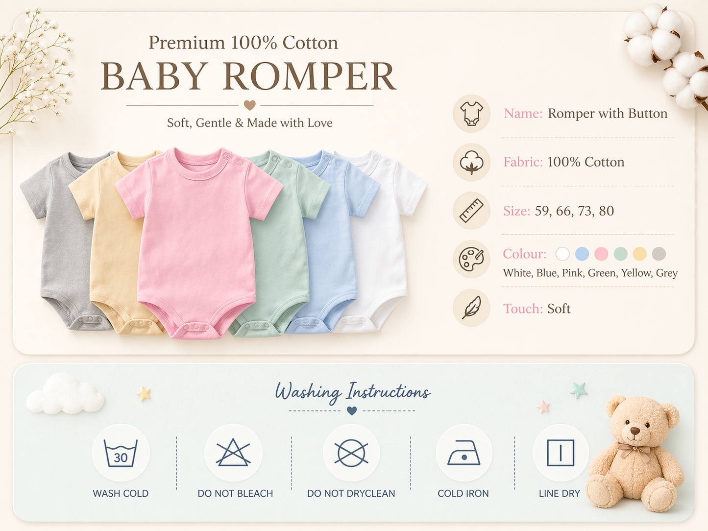 100% Cotton Baby Romper – Soft Infant Bodysuit (Newborn to 12 Months)