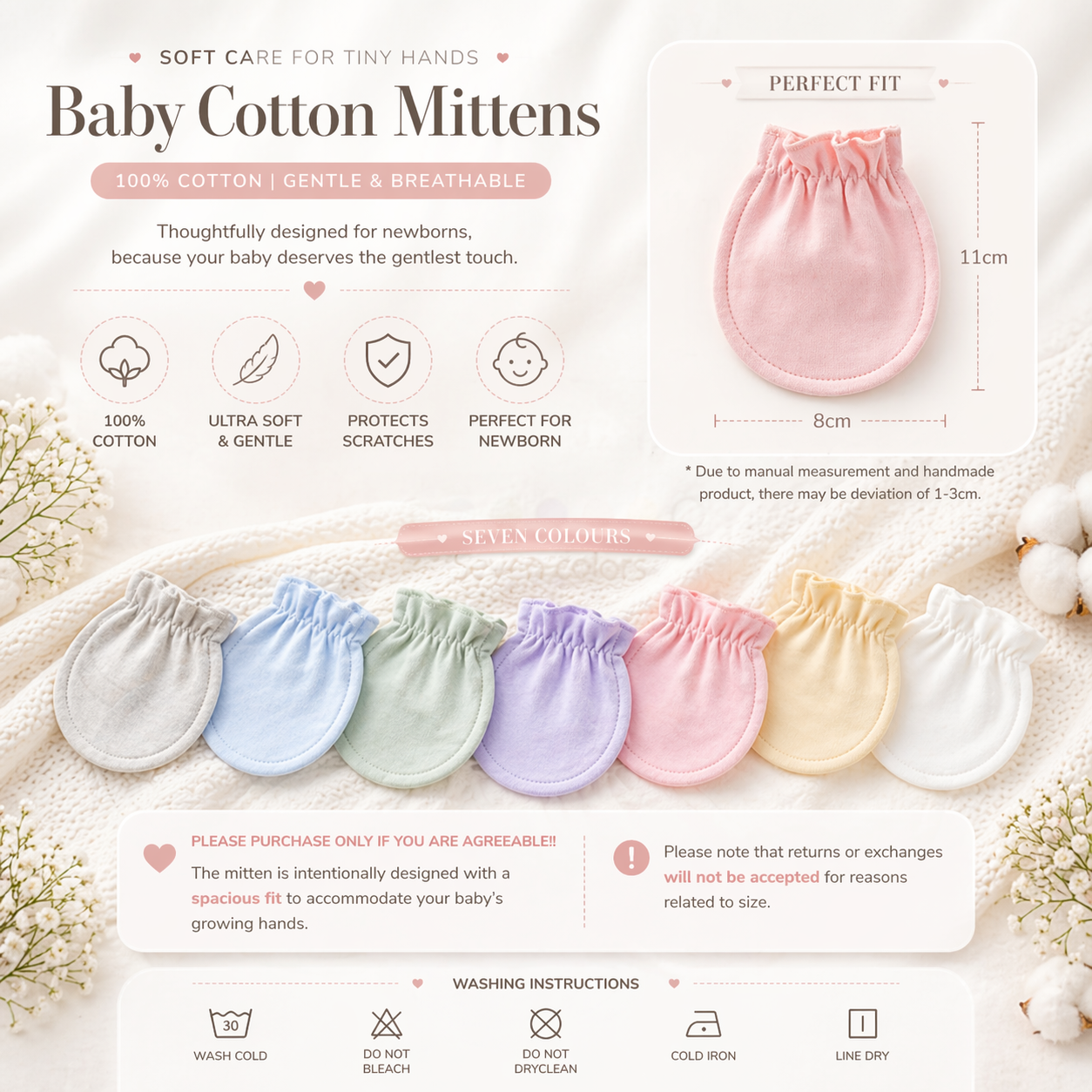 100% Cotton Baby Mittens – Soft Newborn Anti-Scratch Gloves