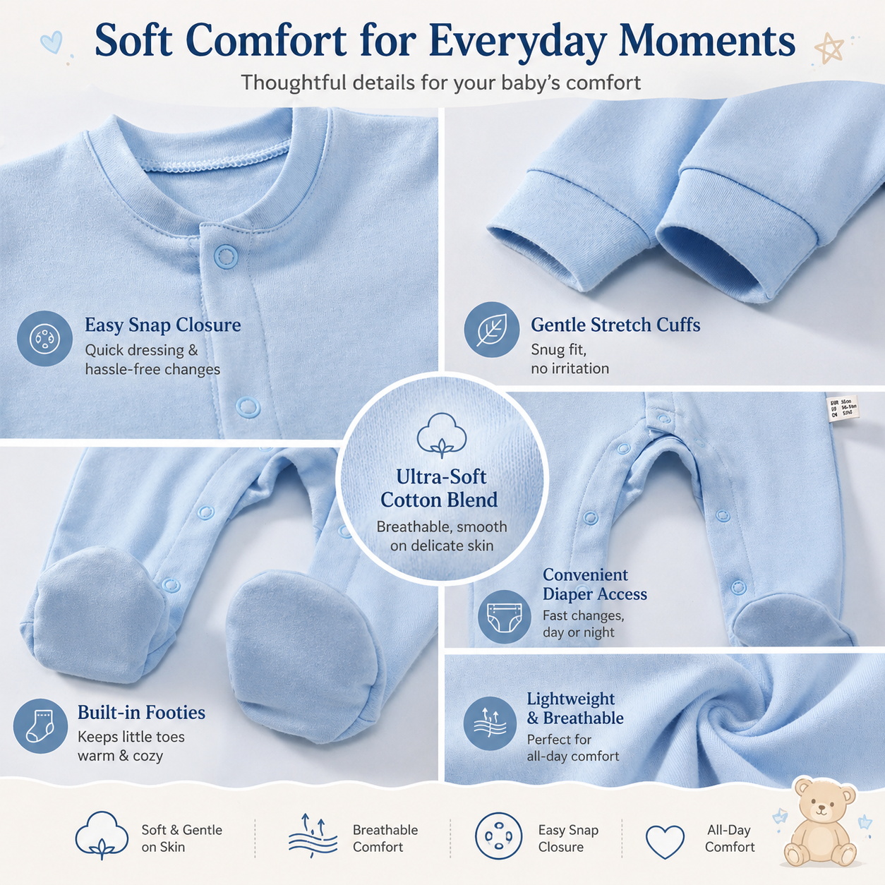Everyday Comfort 100% Cotton Footed Baby Pyjamas Romper