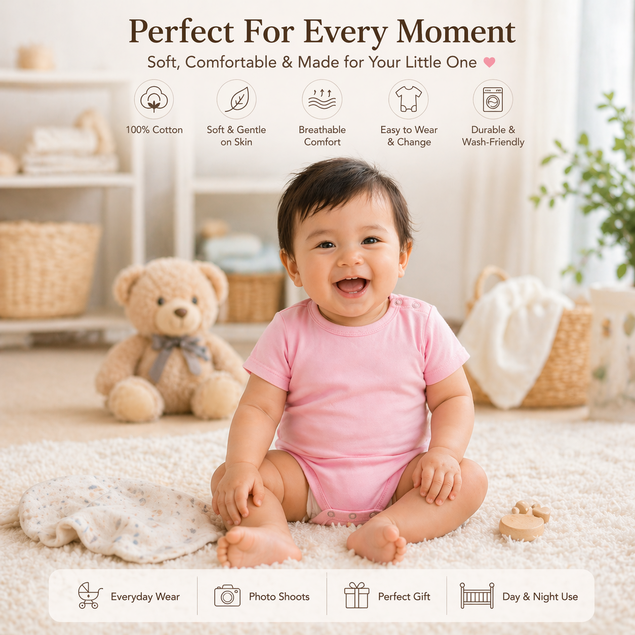 100% Cotton Baby Romper – Soft Infant Bodysuit (Newborn to 12 Months)