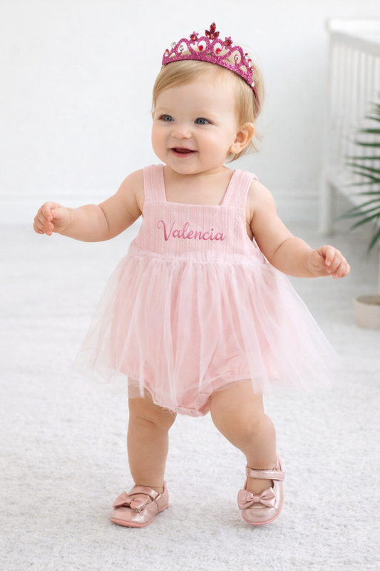 Personalised Baby Girl 1 Year Old Princess Romper Dress with Name