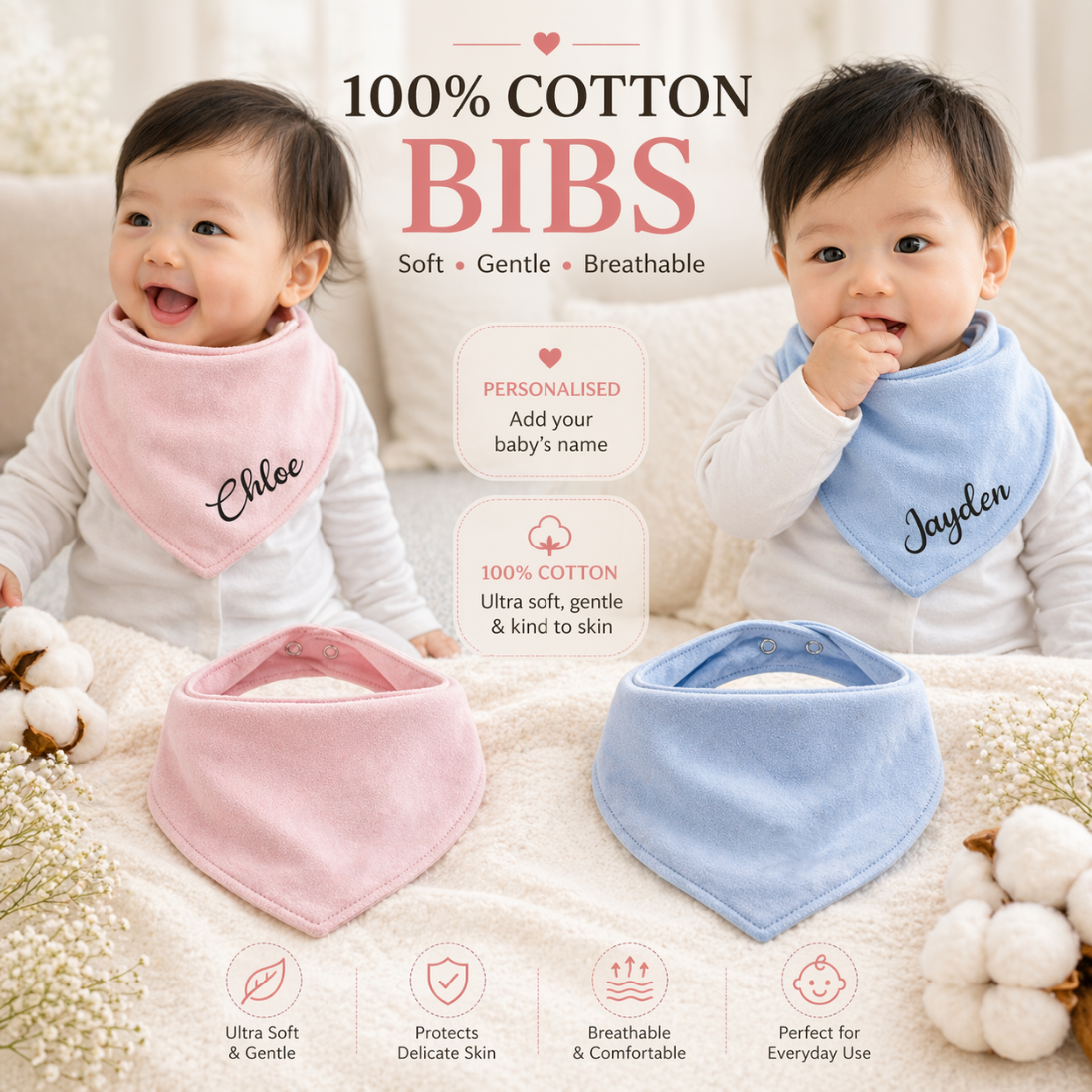 Personalised Baby Bib 100% Cotton – Custom Name Feeding Bib