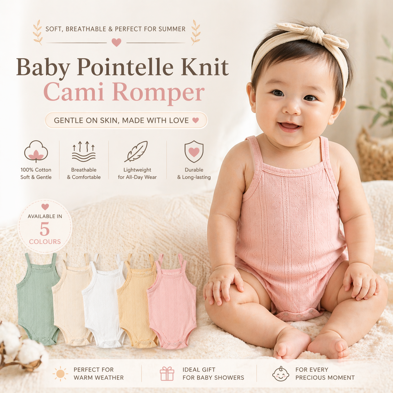 Soft 100% Cotton Pointelle Cami Romper