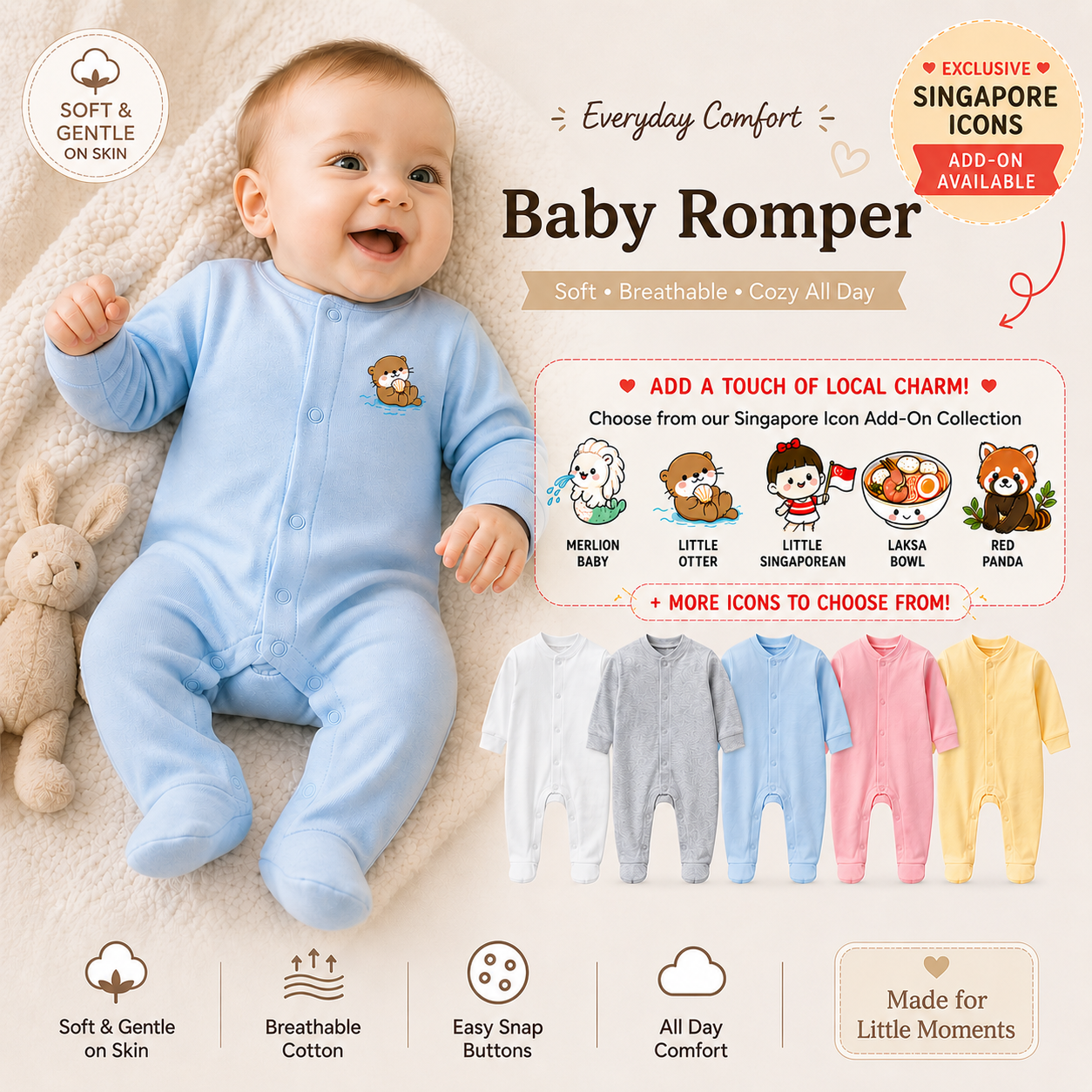 Everyday Comfort 100% Cotton Footed Baby Pyjamas Romper