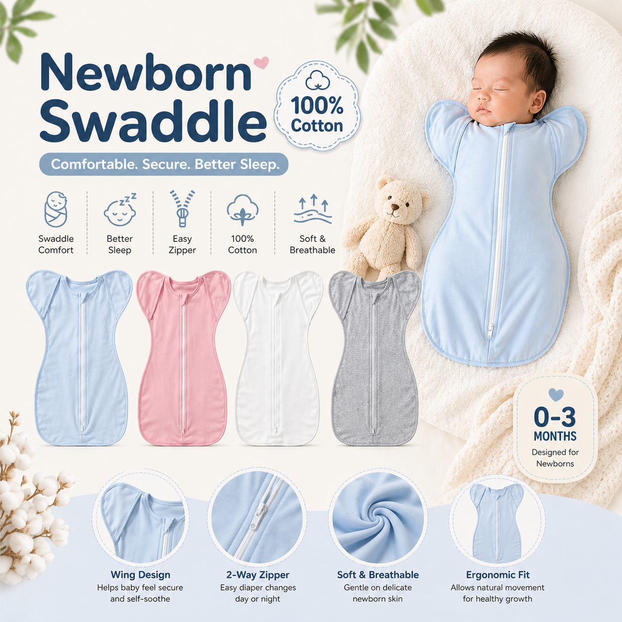 Soft 100% Cotton Newborn Swaddle Sleep Sack