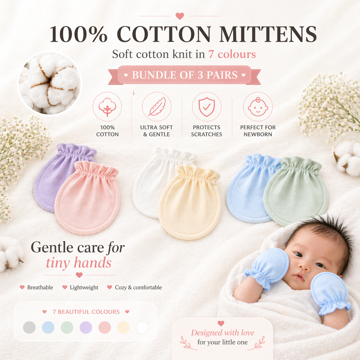 100% Cotton Baby Mittens – Soft Newborn Anti-Scratch Gloves
