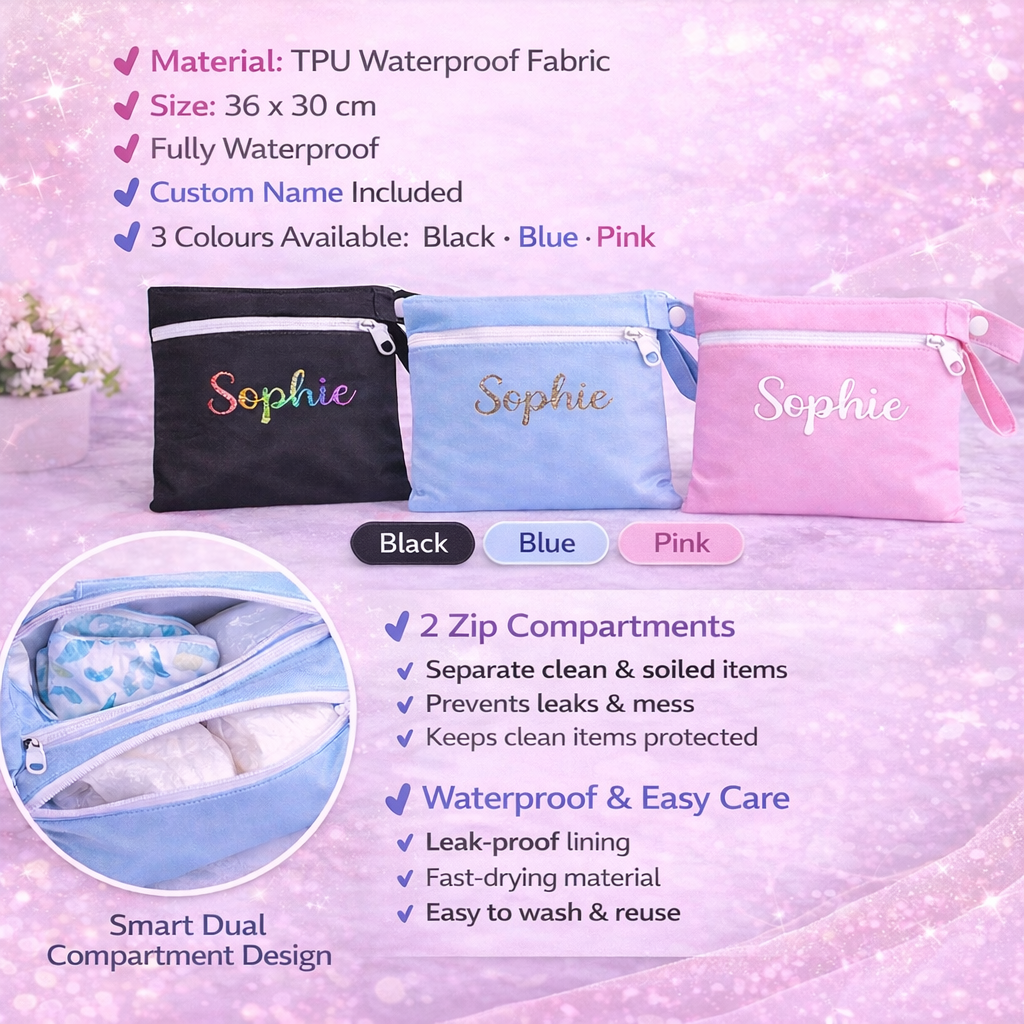 Personalised Waterproof Wet Bag with Custom Name – Diaper, Swim & Travel Pouch