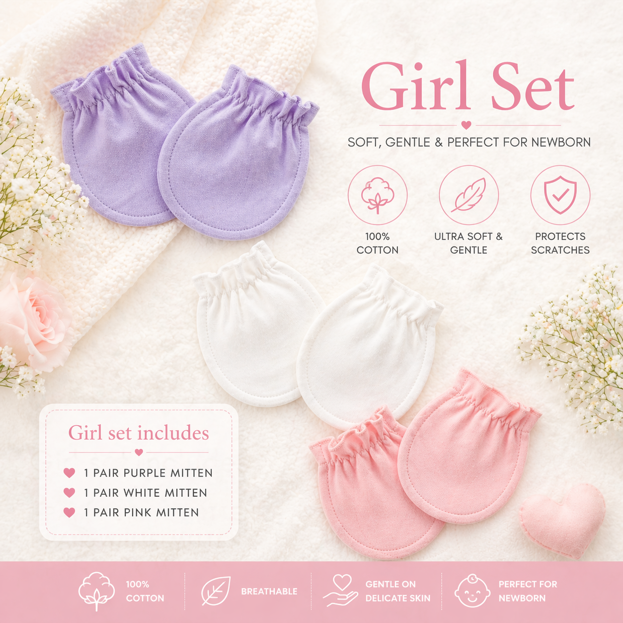 100% Cotton Baby Mittens – Soft Newborn Anti-Scratch Gloves