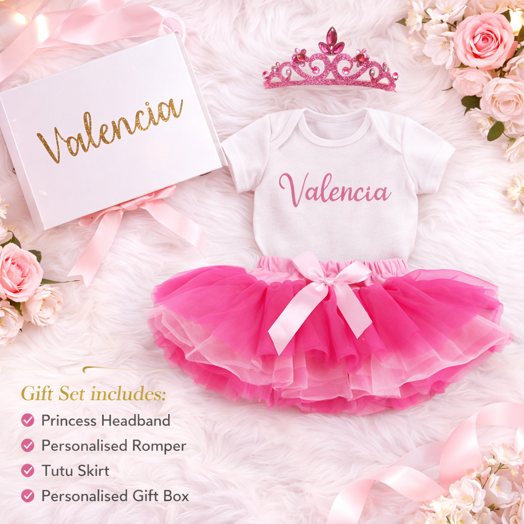 Personalised Baby Girl 100 Days Outfit – Princess Tutu Tulle Romper Gift Set with Name