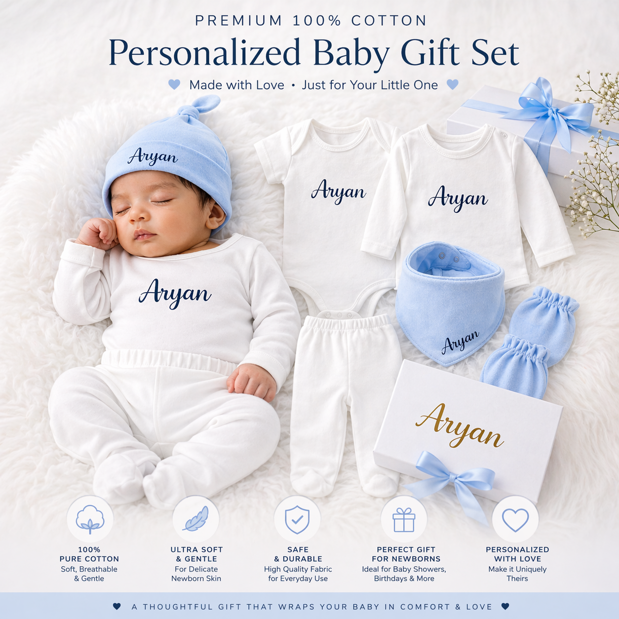 Premium Customised 100% Cotton Baby New Born Gift Set
