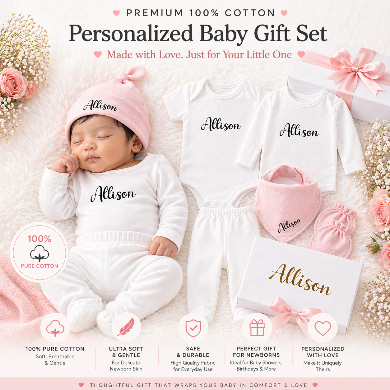 Premium Customised 100% Cotton Baby New Born Gift Set