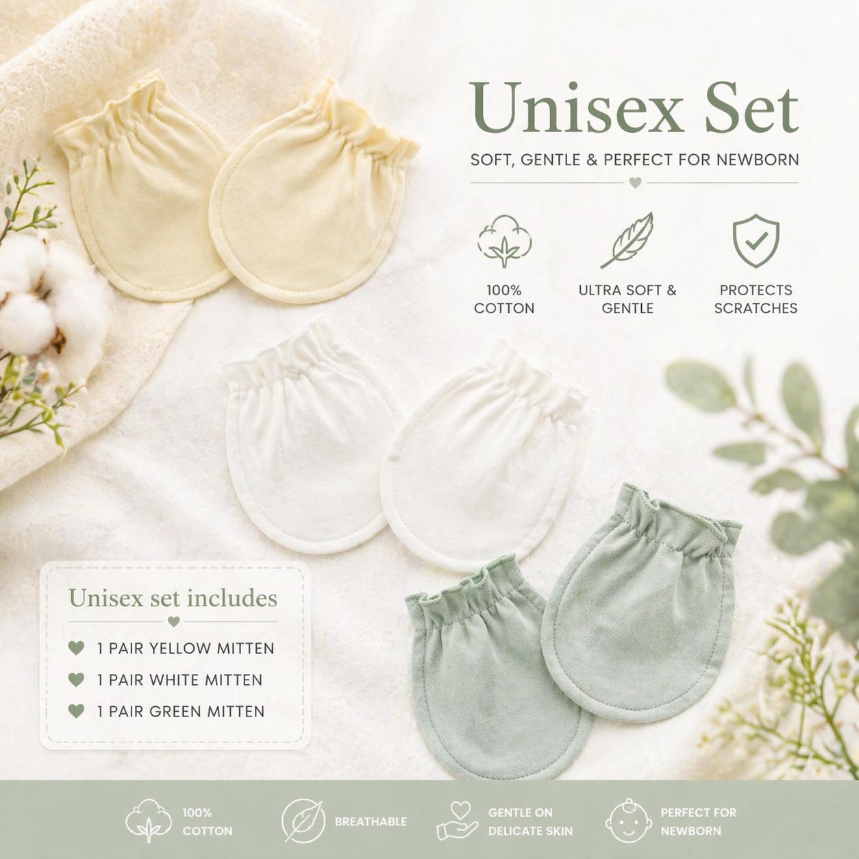 100% Cotton Baby Mittens – Soft Newborn Anti-Scratch Gloves